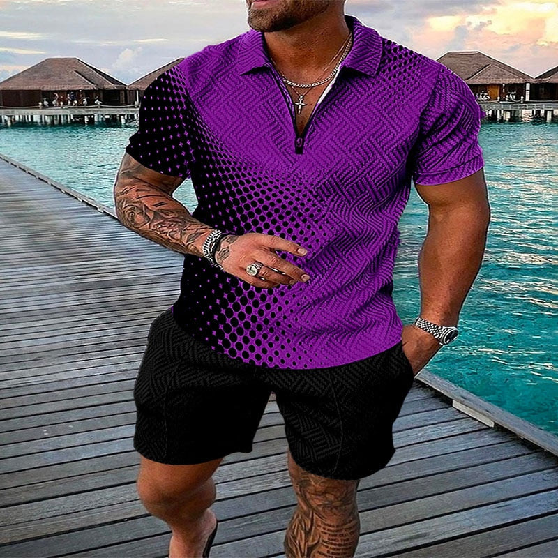 Men's Suit 3D Color Stitching Print Summer Short Sleeve Polo Shirt Shorts Suit Fashion Zipper Polo Shirt Two Piece Set New