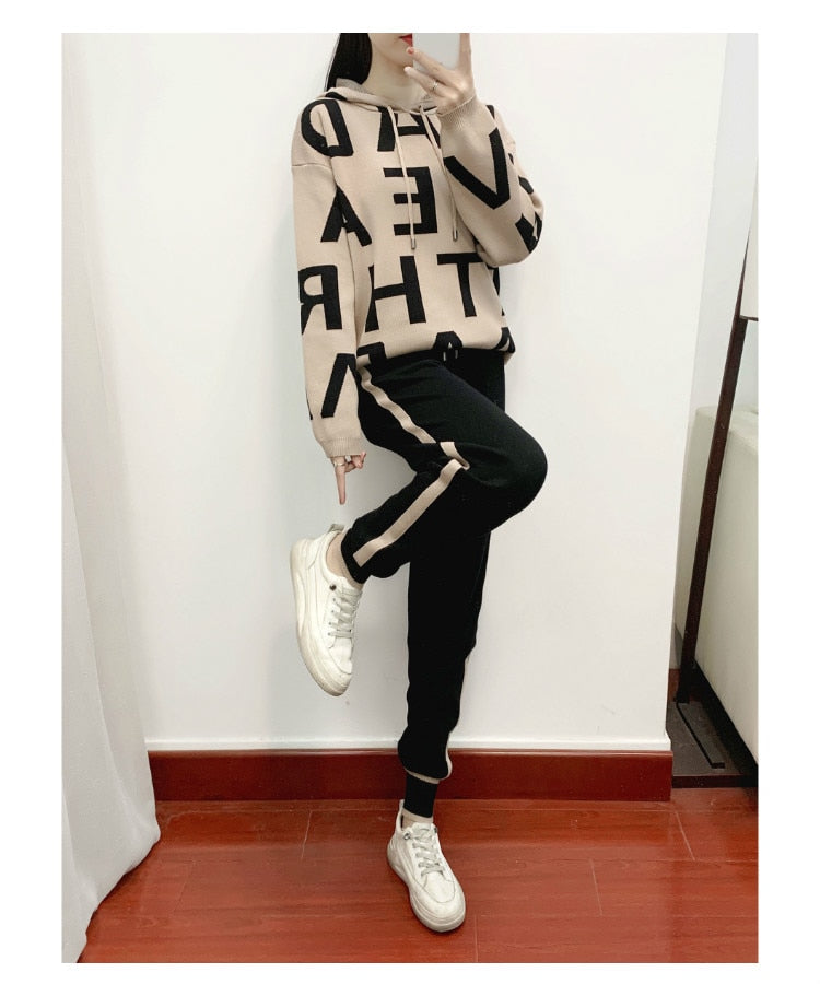 Fashion Autumn Women 2 Pieces Sets Casual Letter Print Patchwork Loose Knitted Sweater Sports Harlan Pants Suits Spring