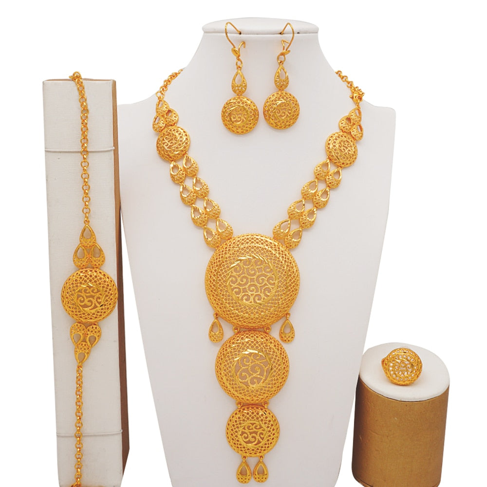 Luxury Dubai Gold Color Jewelry Sets African Bridal Wedding Flower Jewelry Sets Necklace Bracelet Earrings Ring Set Lady Gift