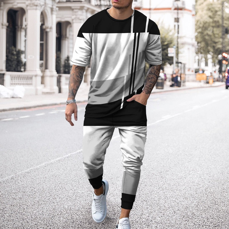 3D printed Casual Trend Oversized Clothes Summer Sportwear Suit Short Sleeve T Shirt Long Pants Men 2 Piece Sets Men Tracksuit