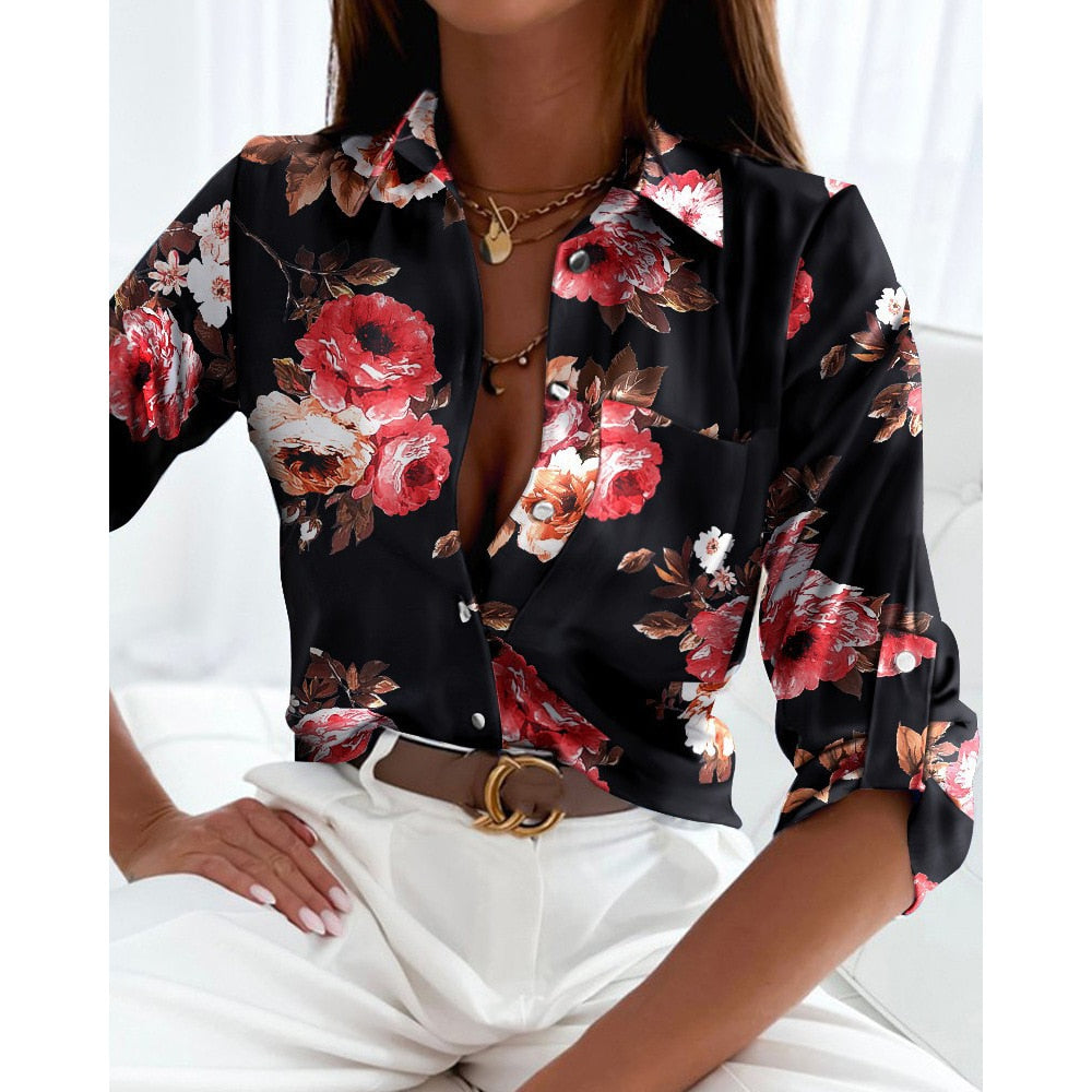 Blouses Woman Casual Office Print Shirts Autumn Fashion Button Long Sleeve White Shirt Elegant Patchwork Slim Tops Women 2022