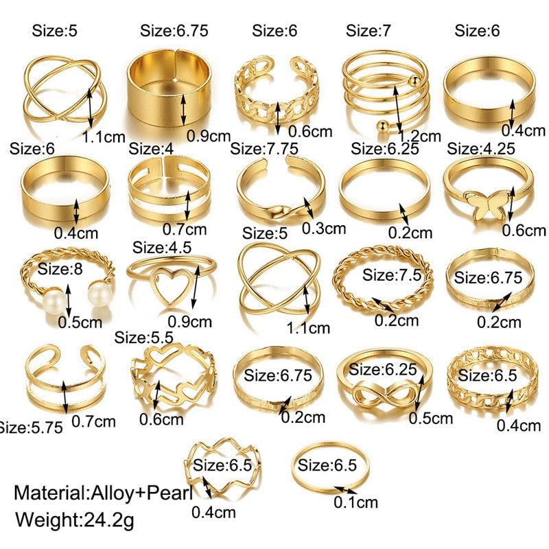 Boho Gold 22pcs Heart Rings Set For Women Vintage Geometric Cross Pearl Butterfly Finger Rings Women's 2022 Trendy Jewelry Gift