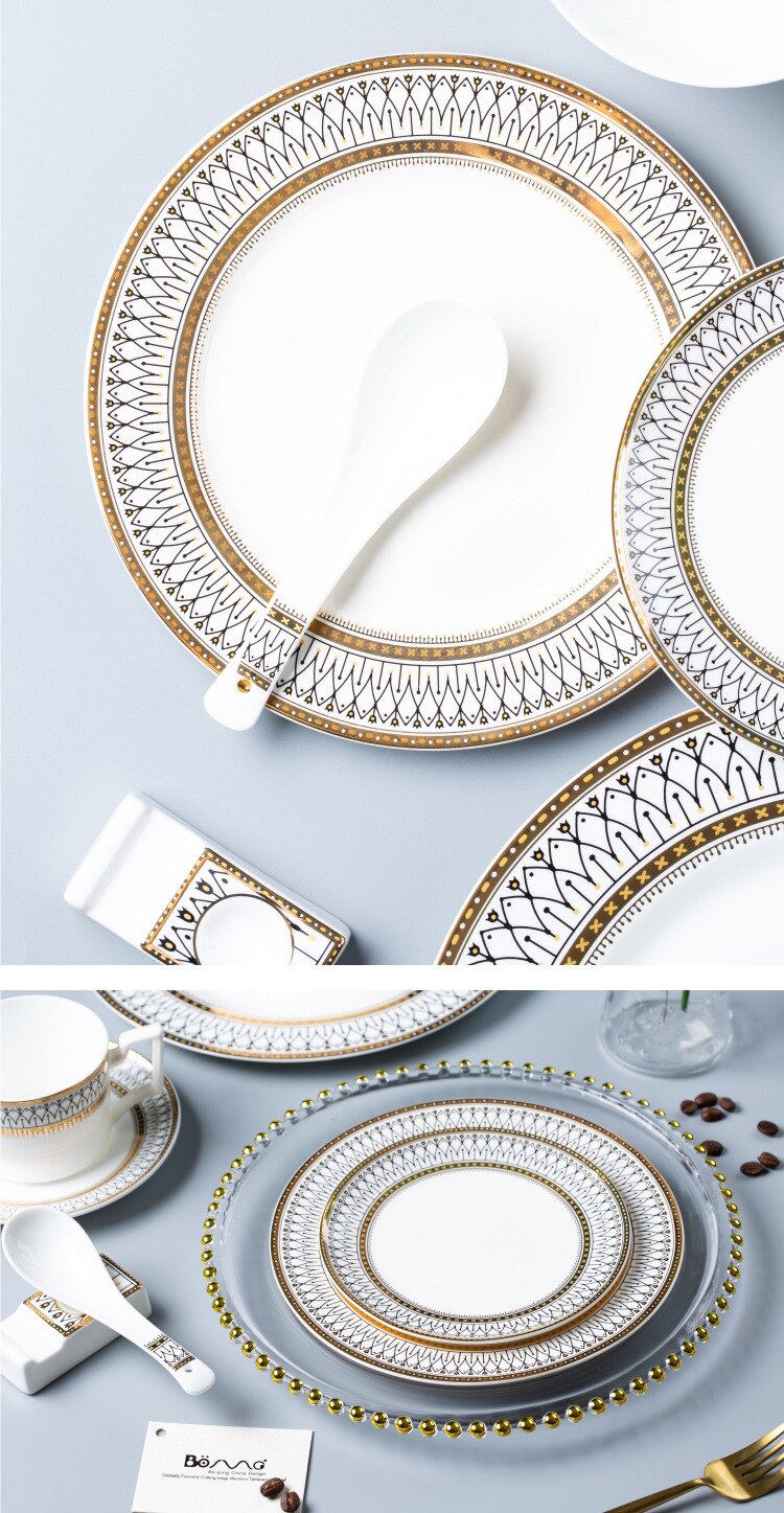 Restaurant Bone Porcelain Western Food Plate Decoration Plate Gold Lace Stamens Tableware Set Steak Plate Flat Bowl Soup Plate