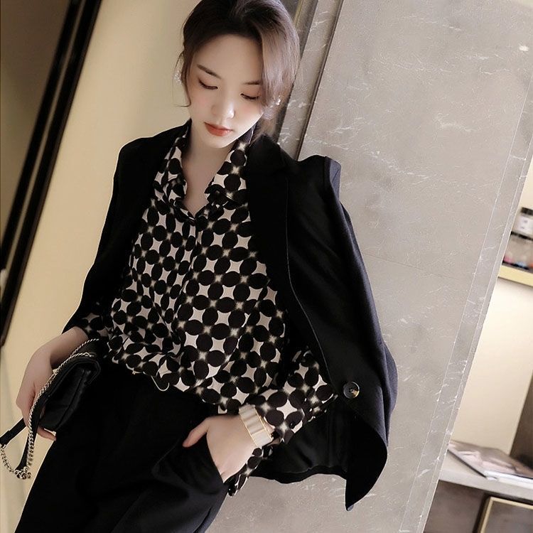 Office Lady Elegant Geometric Print Button Chiffon Shirt Spring Autumn 2022 Polo-Neck Long Sleeve Loose Blouse Women's Clothing