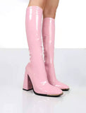 Women Boots Shiny Leather High Heel Boots Side Zipper Mid Calf Boots Metallic Chunky High Heels Long Boots Solid Autumn Winter