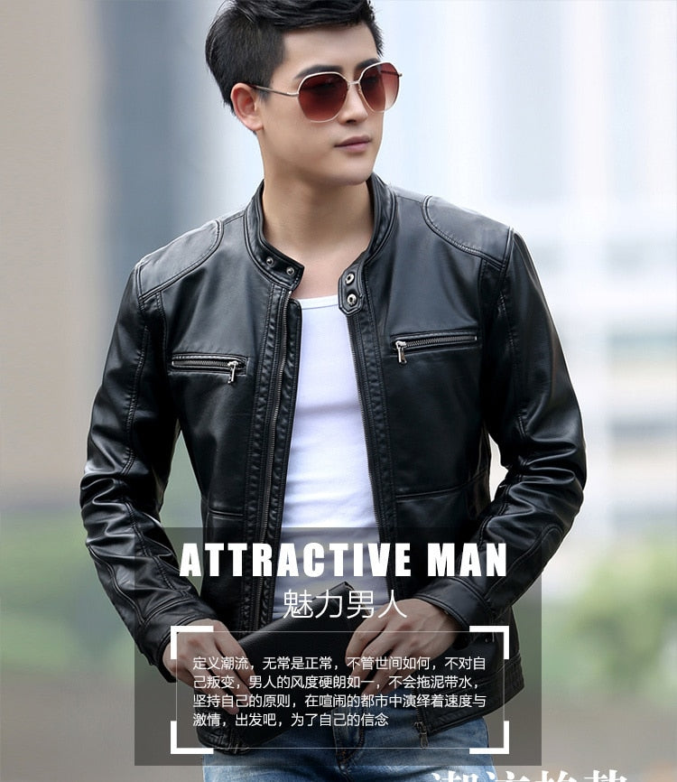 Men's leather Jacket design stand collar Coat Men casual motorcycle leather coat Mens Sheepskin jackets Windbreaker Coats