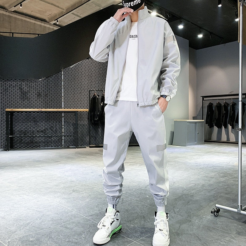 Men Sportswear Set Spring Autumn Set Mens Tracksuit Patchwork Hip Hop Sweatshirt+Pants Male Casual Jacket Streetwear Track Suit