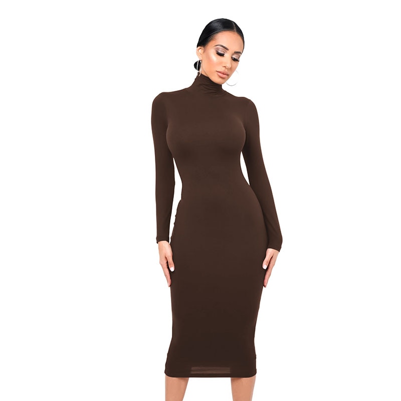 Winter Black Turtleneck Sexy Women Dress Autumn Long Sleeve Skinny Midi Boydcon Casual Blue Plush Knee-Length Party Club