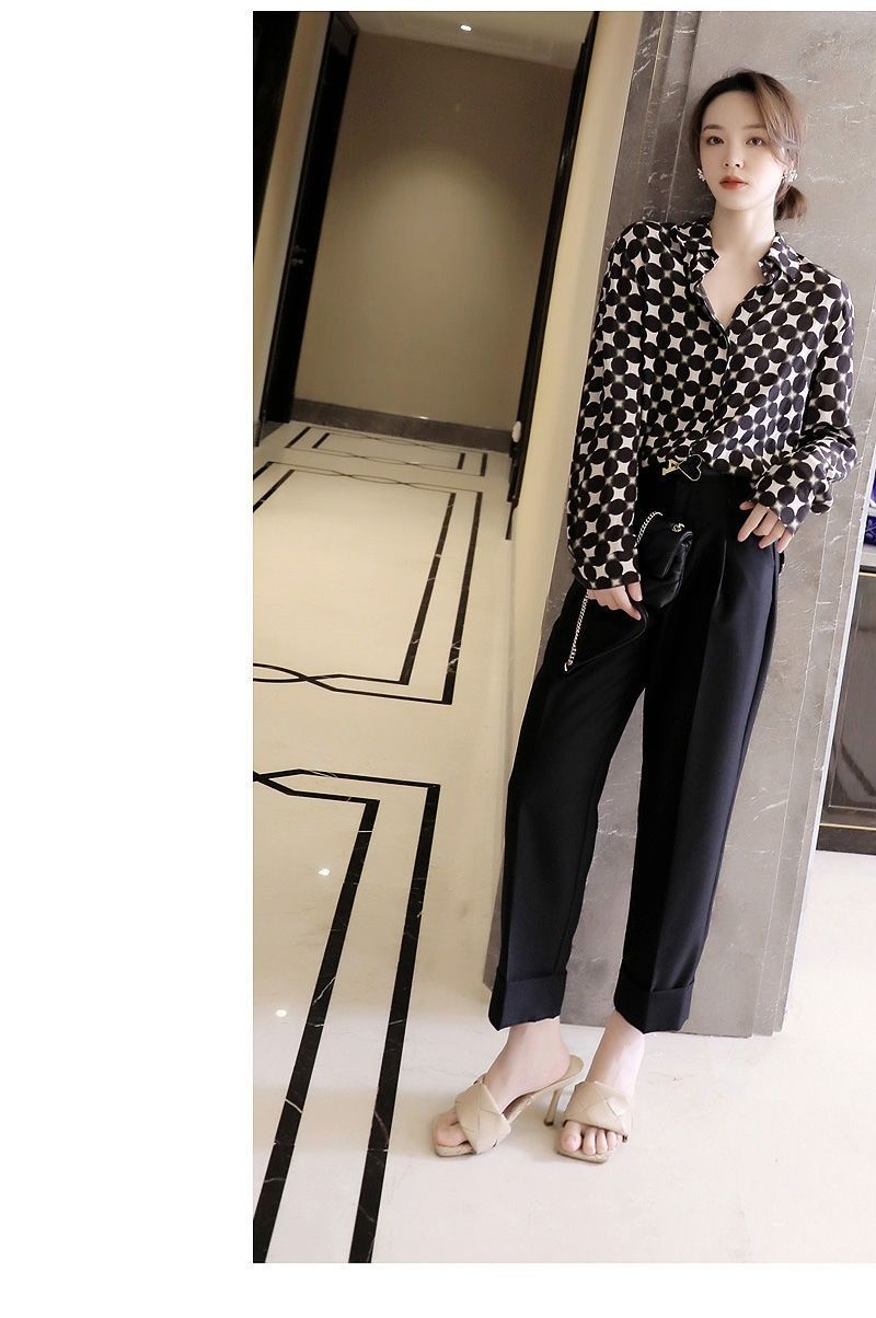 Office Lady Elegant Geometric Print Button Chiffon Shirt Spring Autumn 2022 Polo-Neck Long Sleeve Loose Blouse Women's Clothing