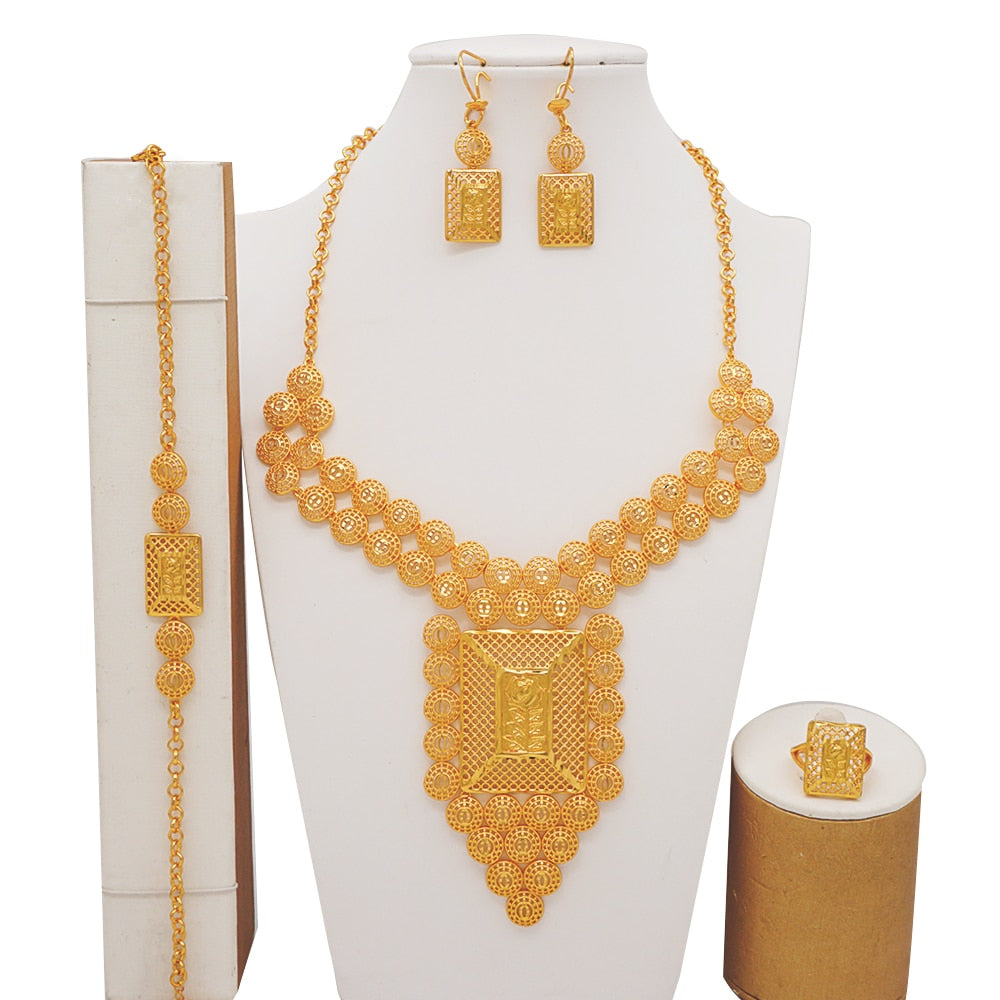 Luxury Dubai Gold Color Jewelry Sets African Bridal Wedding Flower Jewelry Sets Necklace Bracelet Earrings Ring Set Lady Gift