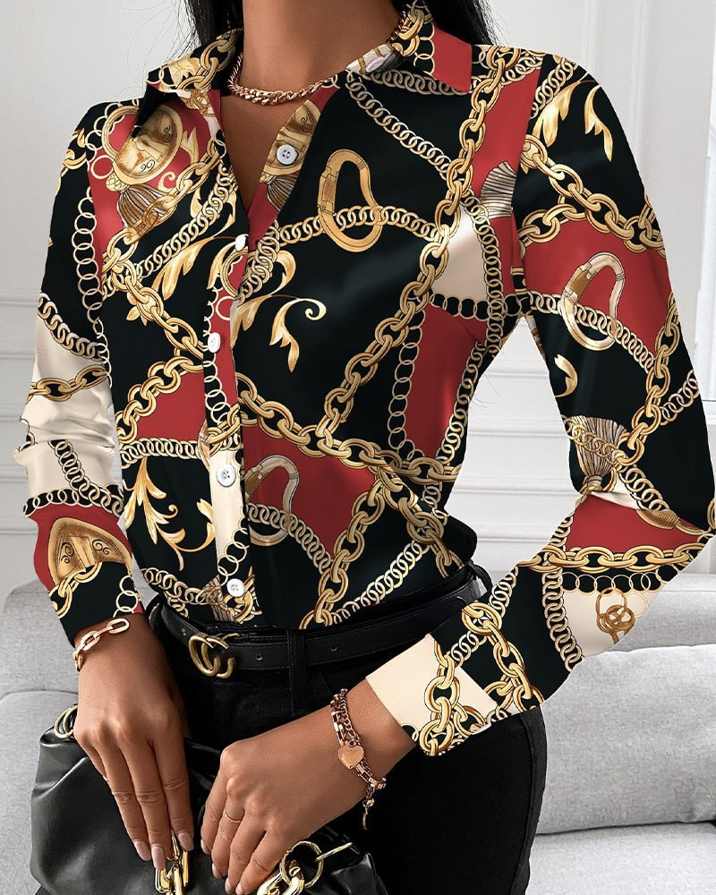 Blouses Woman Casual Office Print Shirts Autumn Fashion Button Long Sleeve White Shirt Elegant Patchwork Slim Tops Women 2022