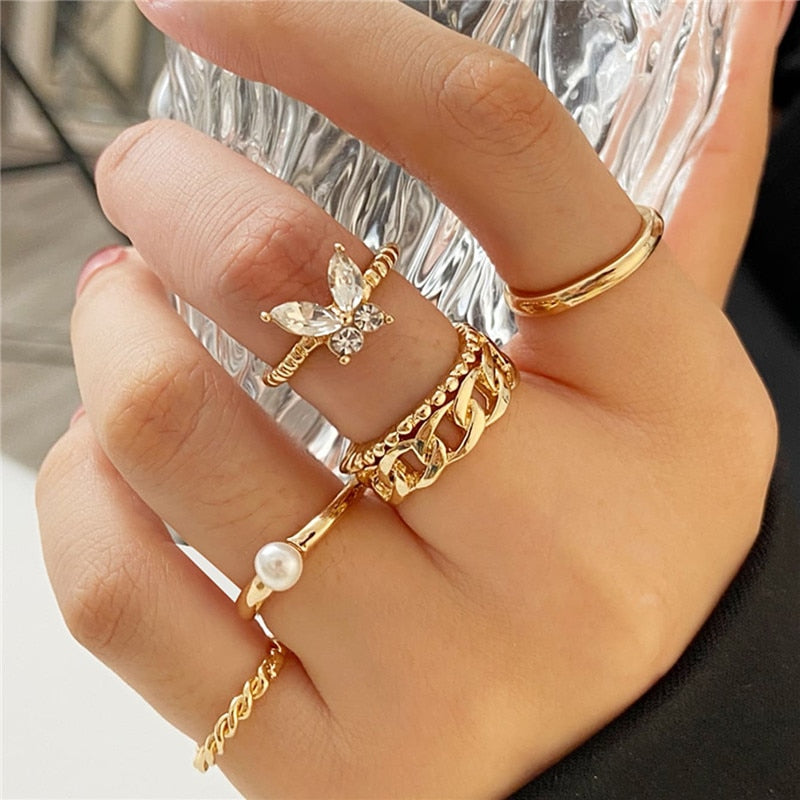 Boho Gold 22pcs Heart Rings Set For Women Vintage Geometric Cross Pearl Butterfly Finger Rings Women's 2022 Trendy Jewelry Gift