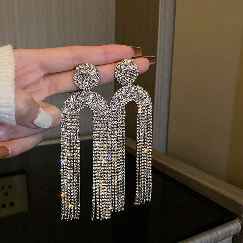 Europe And America New Exaggerated Full Rhinestone Tassel Earrings For Women Party Wedding Statement Jewelry Long Earings Gifts