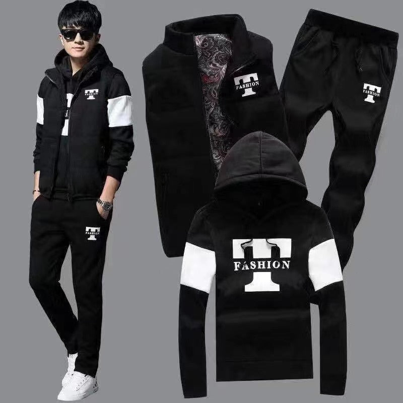 Men's Track Suit 3 Pieces Set Hoodies+Vest+Pants Casual Clothing Coats Winter Thick Warm Tracksuit for Men Printed Mens Set Vest