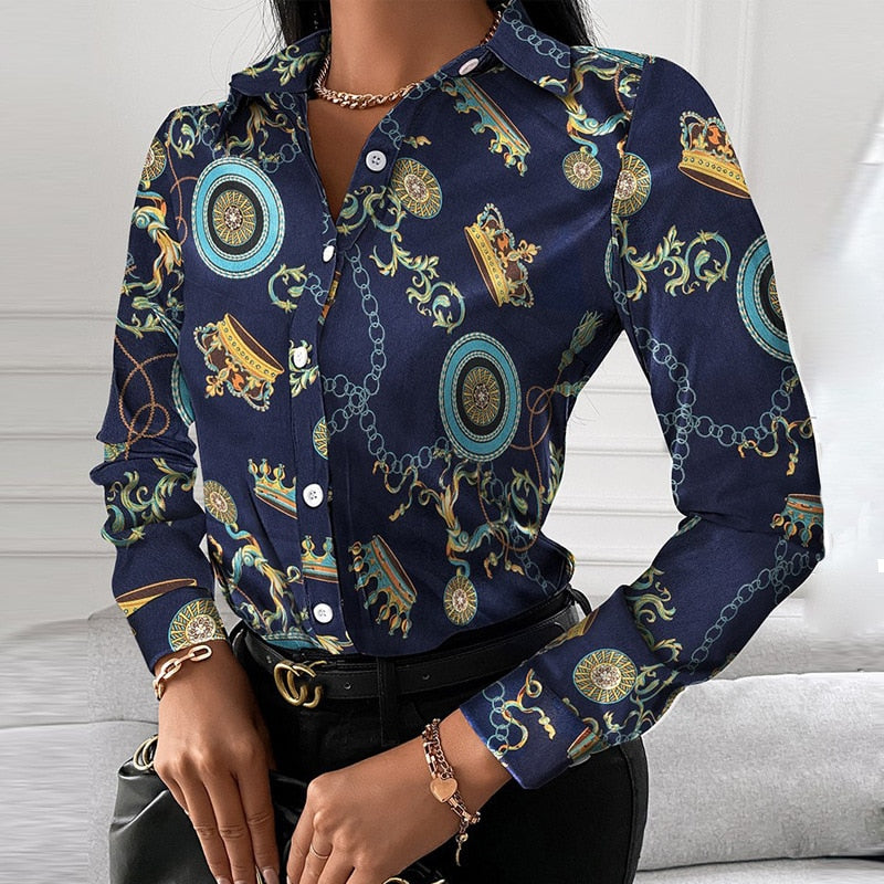 Blouses Woman Casual Office Print Shirts Autumn Fashion Button Long Sleeve White Shirt Elegant Patchwork Slim Tops Women 2022