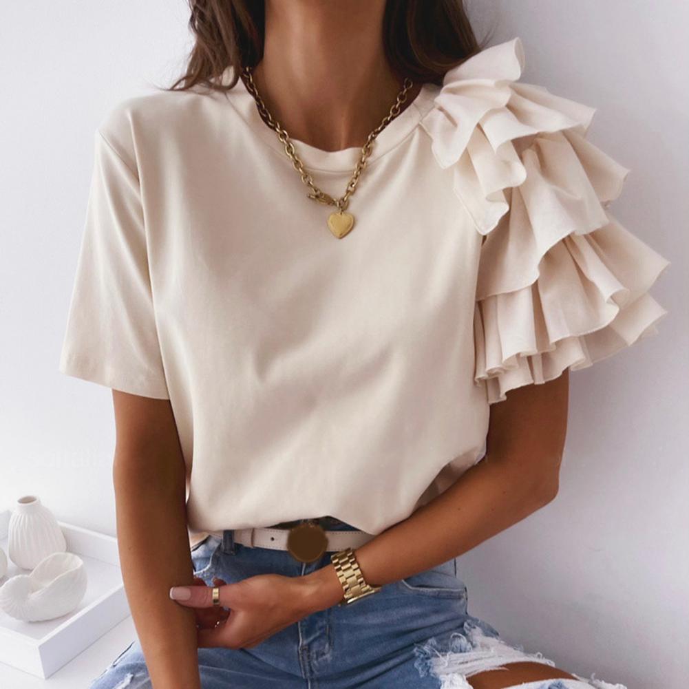 Fashion blouse women elegant white Solid Color Layered Ruffle Short Sleeve Asymmetric Loose T-shirt Top for Summer Women Blouses