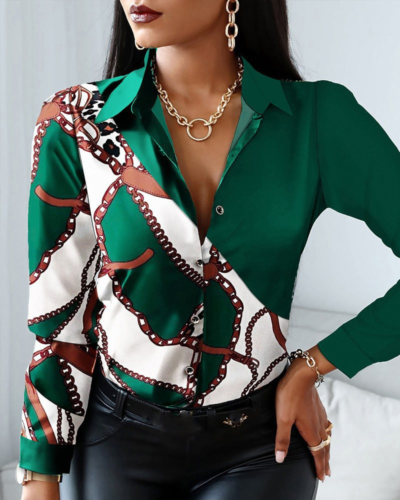 Blouses Woman Casual Office Print Shirts Autumn Fashion Button Long Sleeve White Shirt Elegant Patchwork Slim Tops Women 2022