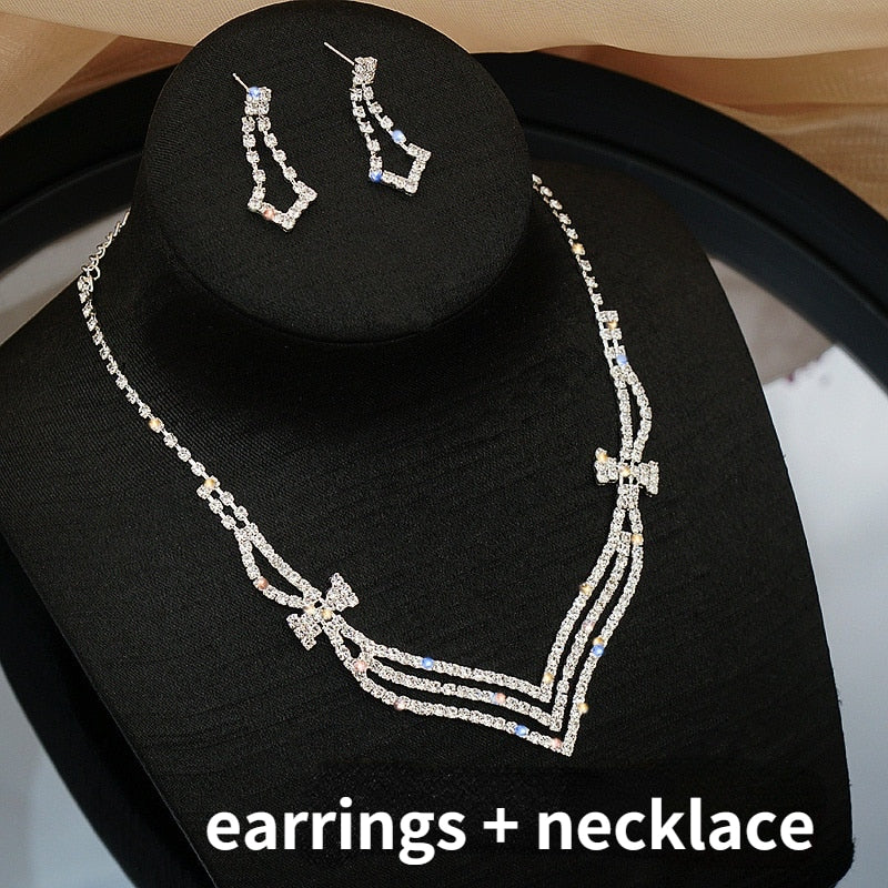 Bride Wedding Dress Necklace Earring Set Simple Full Diamond Super Flash Rhinestone Necklace Jewelry Advanced Accessories