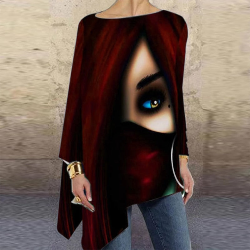 Abstract Print T-shirts with Long Sleeves Irregular Green Tees Female Casual Y2k Tops Women Shirts Aesthetic Clothes Pullovers