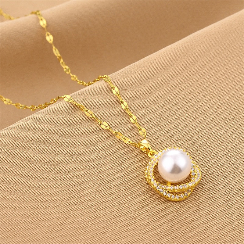 Luxury Diamond Pearl Pendant Necklace for Women Female Aesthetic Choker Gold Chain