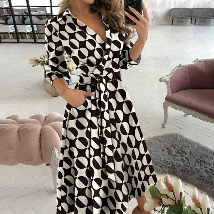 Elegant Floral Print A-line Midi Dress Women Turn-down Collar Belt Pleated Casual Dress Office Ladies Chic Autumn Vestidos 2022