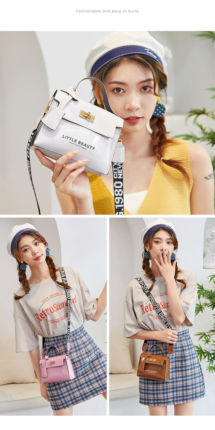 Women's new shiny leather handbag, solid color printing shoulder bag, women's fashion diagonal bag mobile phone bag cosmetic bag