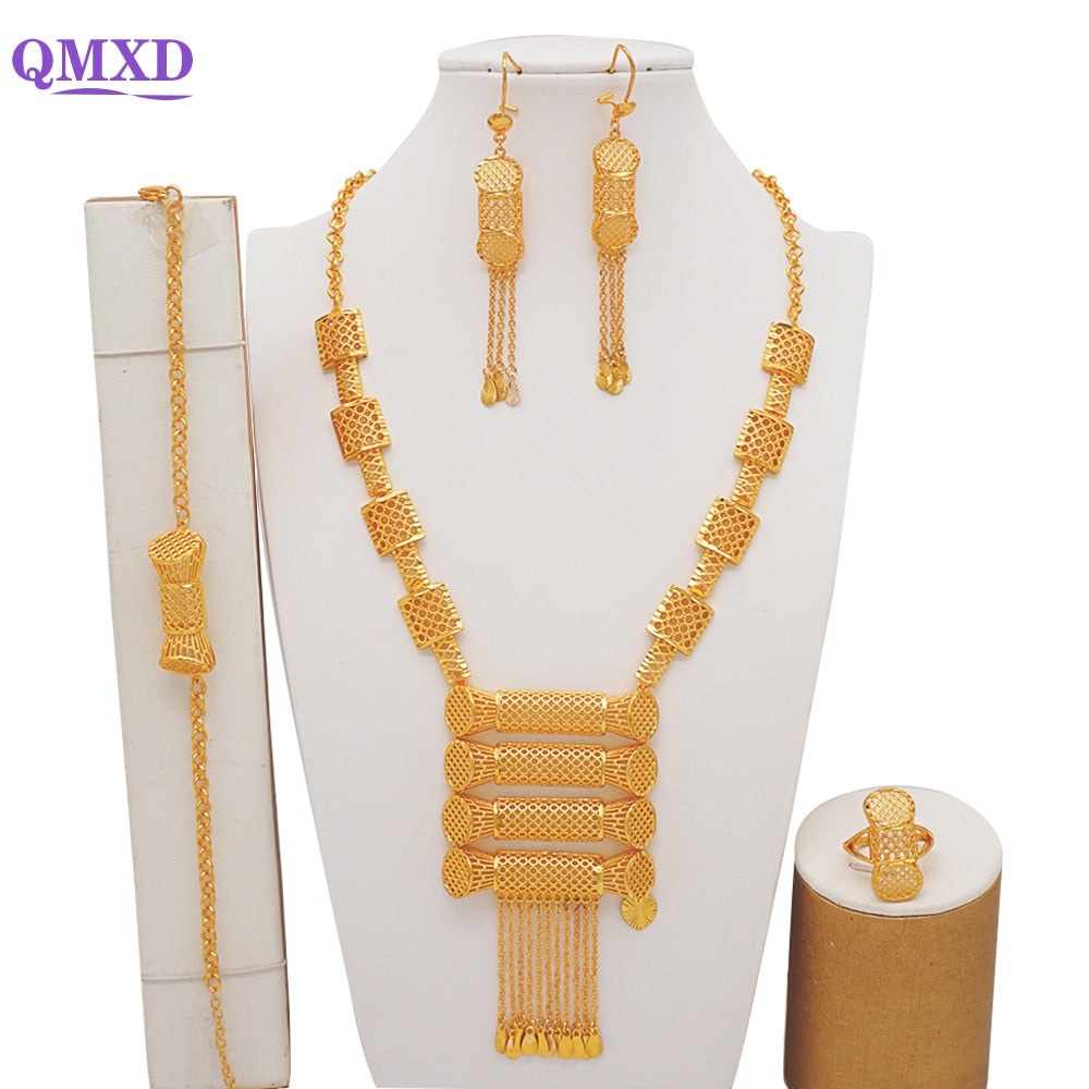 Luxury Dubai Gold Color Jewelry Sets African Bridal Wedding Flower Jewelry Sets Necklace Bracelet Earrings Ring Set Lady Gift