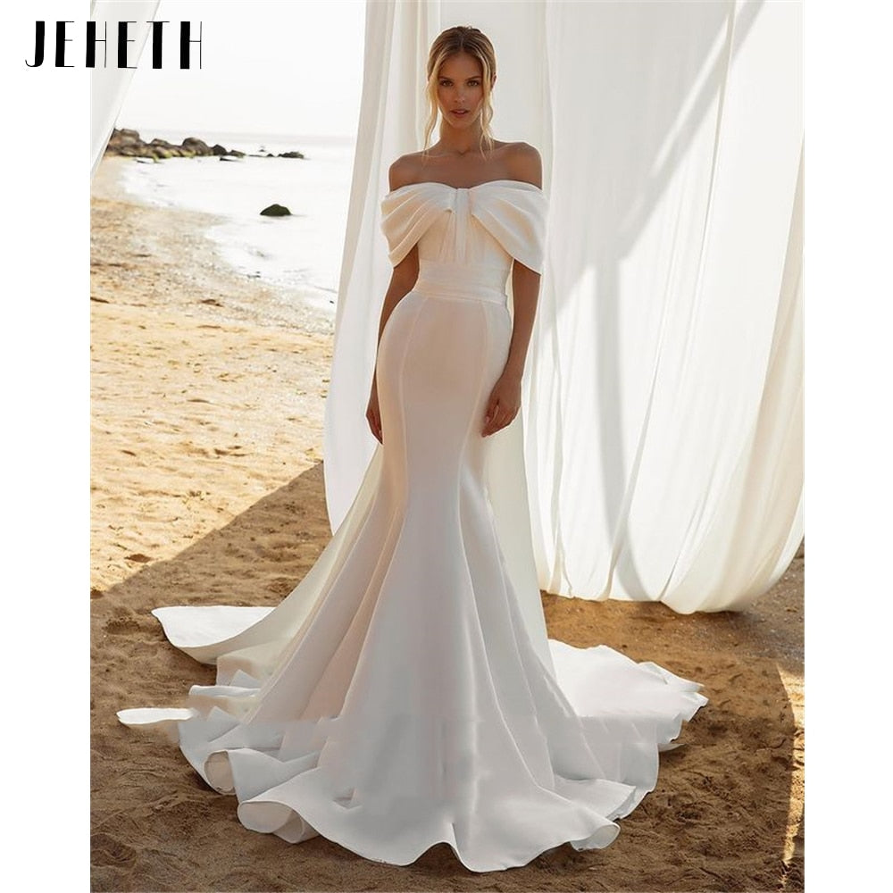 2022 Elegant Mermaid Stain Wedding Dress For Women Off The Shoulder Court Train Bridal Gowns Custom Made Robe De Mariée