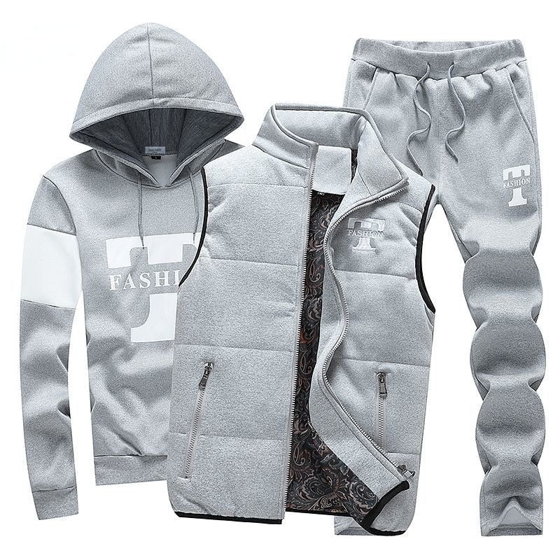 Men's Track Suit 3 Pieces Set Hoodies+Vest+Pants Casual Clothing Coats Winter Thick Warm Tracksuit for Men Printed Mens Set Vest