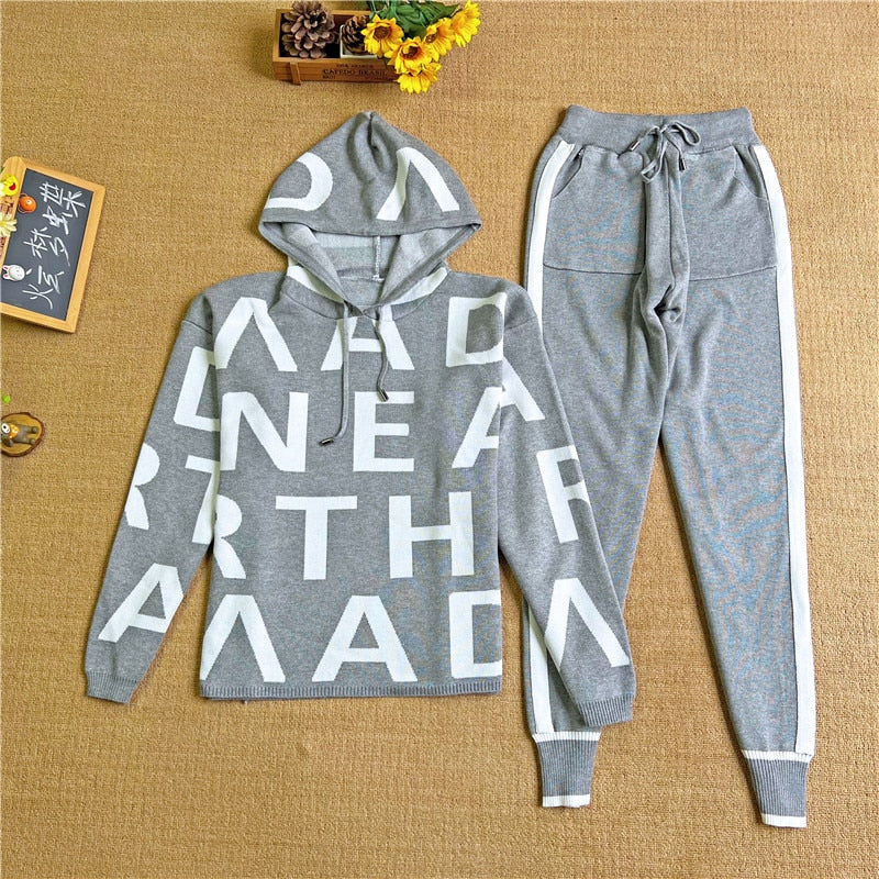 Fashion Autumn Women 2 Pieces Sets Casual Letter Print Patchwork Loose Knitted Sweater Sports Harlan Pants Suits Spring