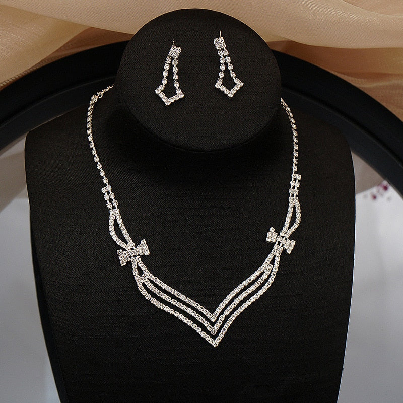 Bride Wedding Dress Necklace Earring Set Simple Full Diamond Super Flash Rhinestone Necklace Jewelry Advanced Accessories