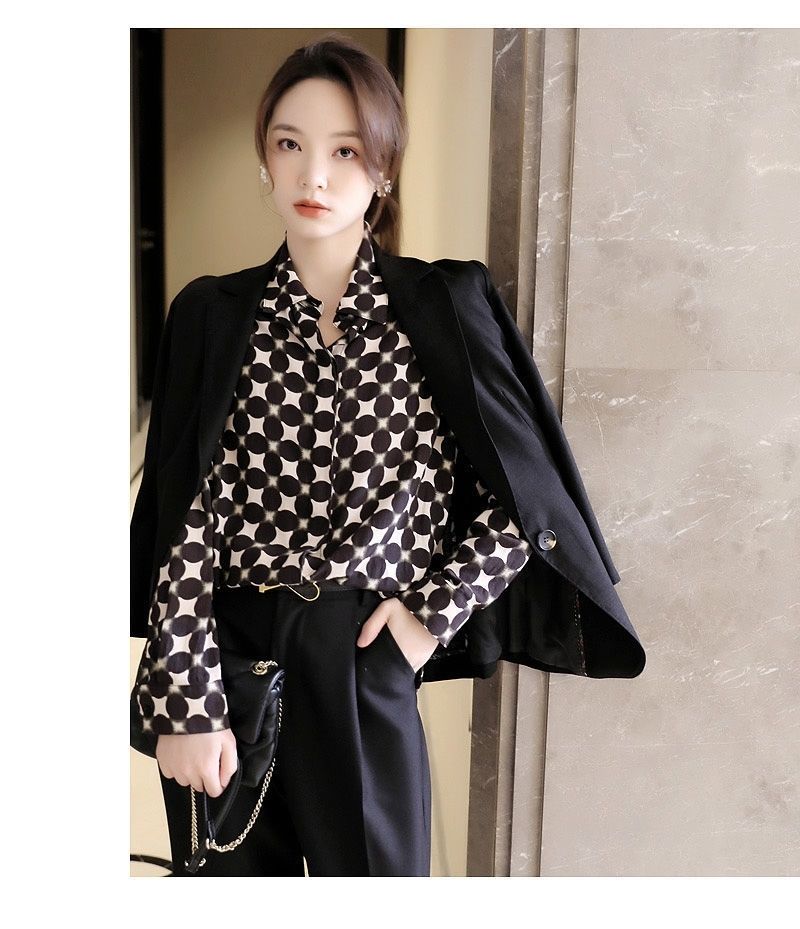 Office Lady Elegant Geometric Print Button Chiffon Shirt Spring Autumn 2022 Polo-Neck Long Sleeve Loose Blouse Women's Clothing