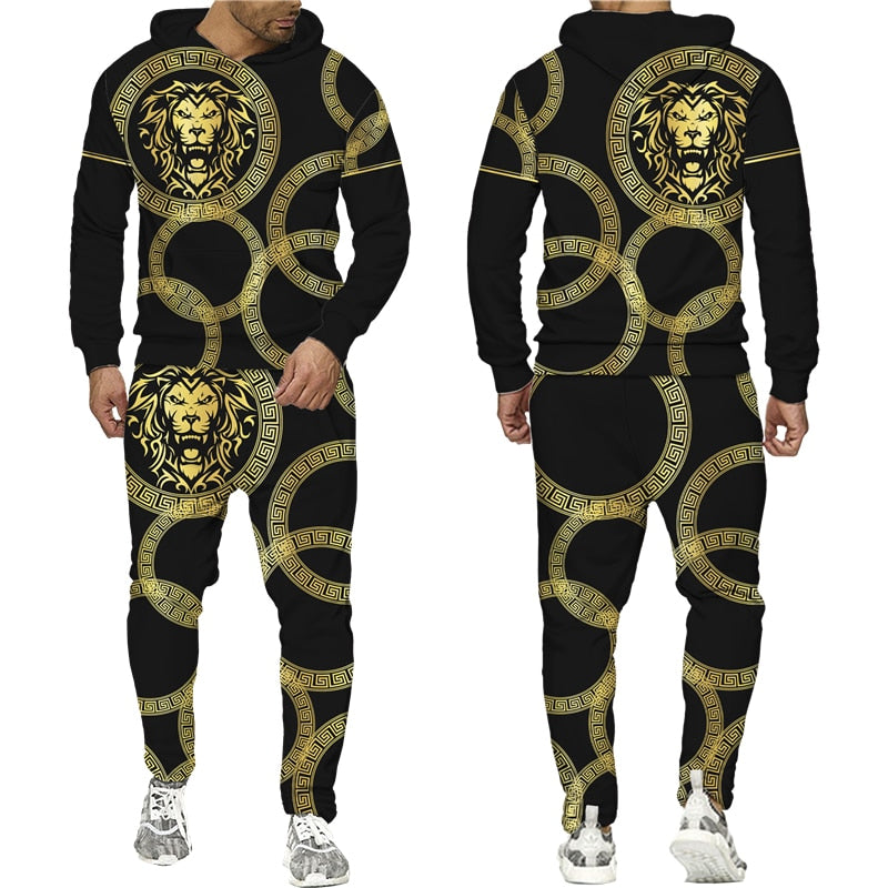 Golden Lion 3D Printed Hoodie/Pants/Suit Men's Casual Graphic Streetwear Pullover Sweatshirt Outfits Set Hip Hop Cool Tracksuits