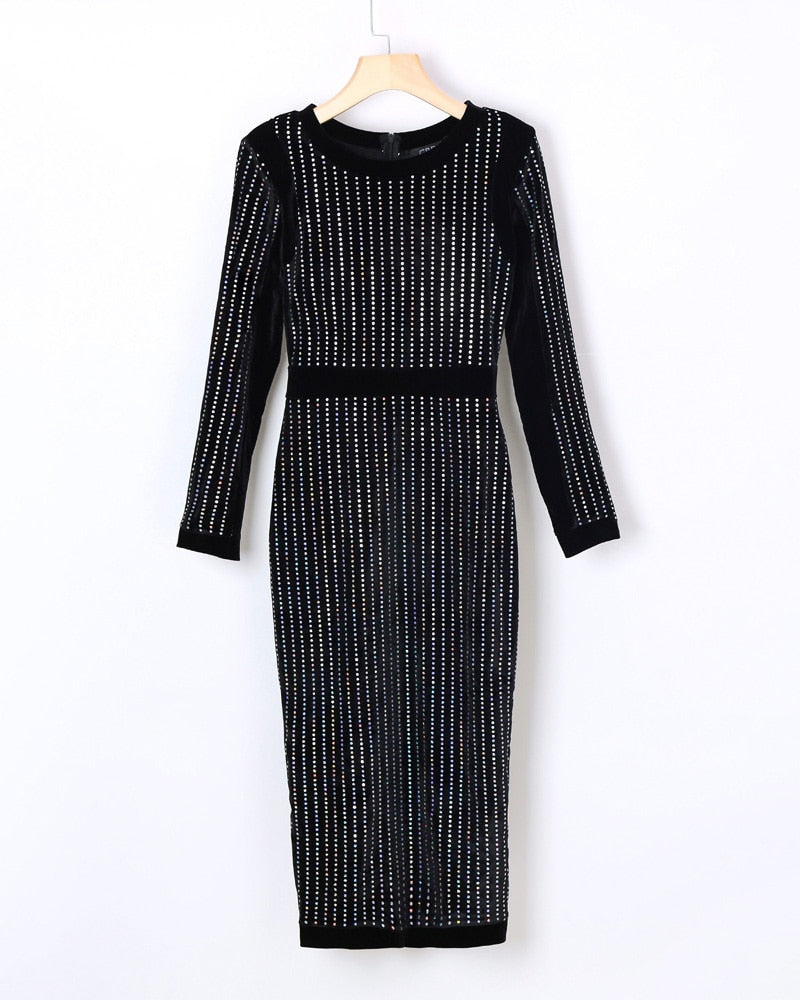 2020 Women Fashion Elegant Stripes Binding Long Sleeve Sequin Party Dress Sexy Round Neck Party Cocktail Sequins Dress