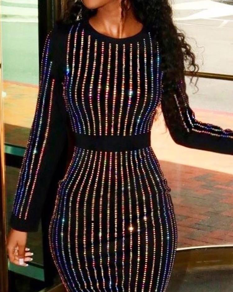 2020 Women Fashion Elegant Stripes Binding Long Sleeve Sequin Party Dress Sexy Round Neck Party Cocktail Sequins Dress