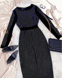 2020 Women Fashion Elegant Stripes Binding Long Sleeve Sequin Party Dress Sexy Round Neck Party Cocktail Sequins Dress