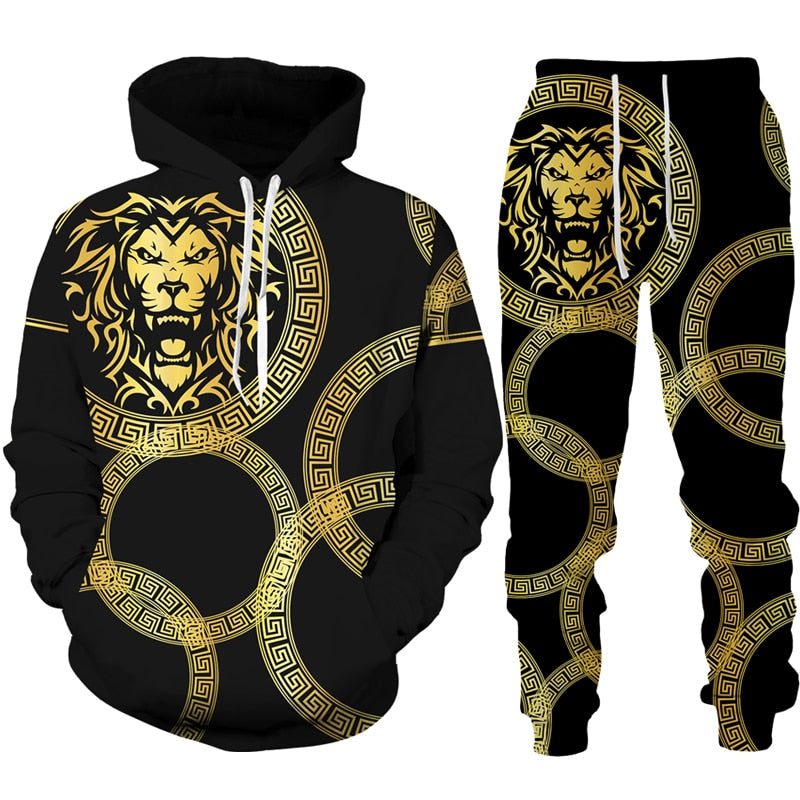 Golden Lion 3D Printed Hoodie/Pants/Suit Men's Casual Graphic Streetwear Pullover Sweatshirt Outfits Set Hip Hop Cool Tracksuits