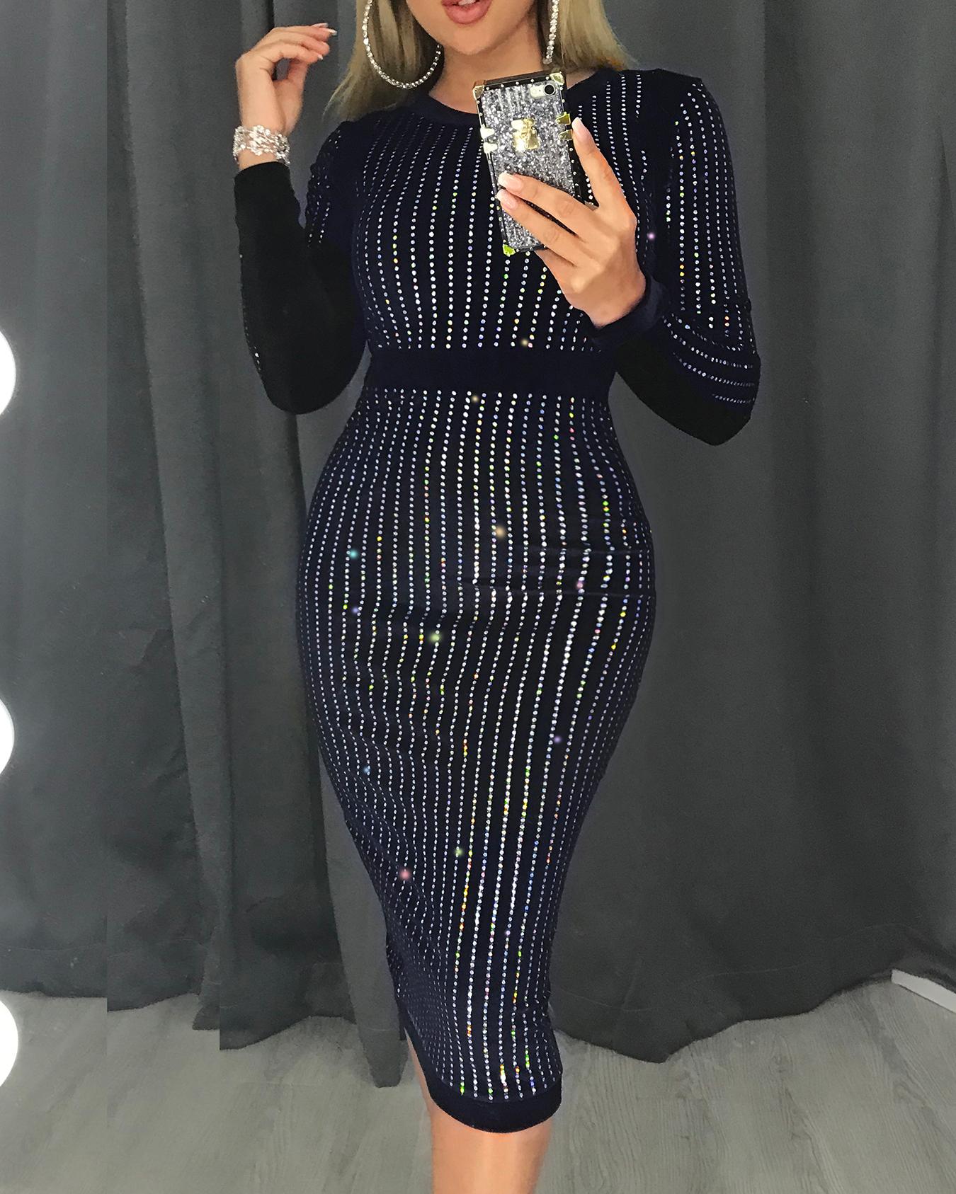 2020 Women Fashion Elegant Stripes Binding Long Sleeve Sequin Party Dress Sexy Round Neck Party Cocktail Sequins Dress