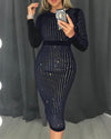 2020 Women Fashion Elegant Stripes Binding Long Sleeve Sequin Party Dress Sexy Round Neck Party Cocktail Sequins Dress