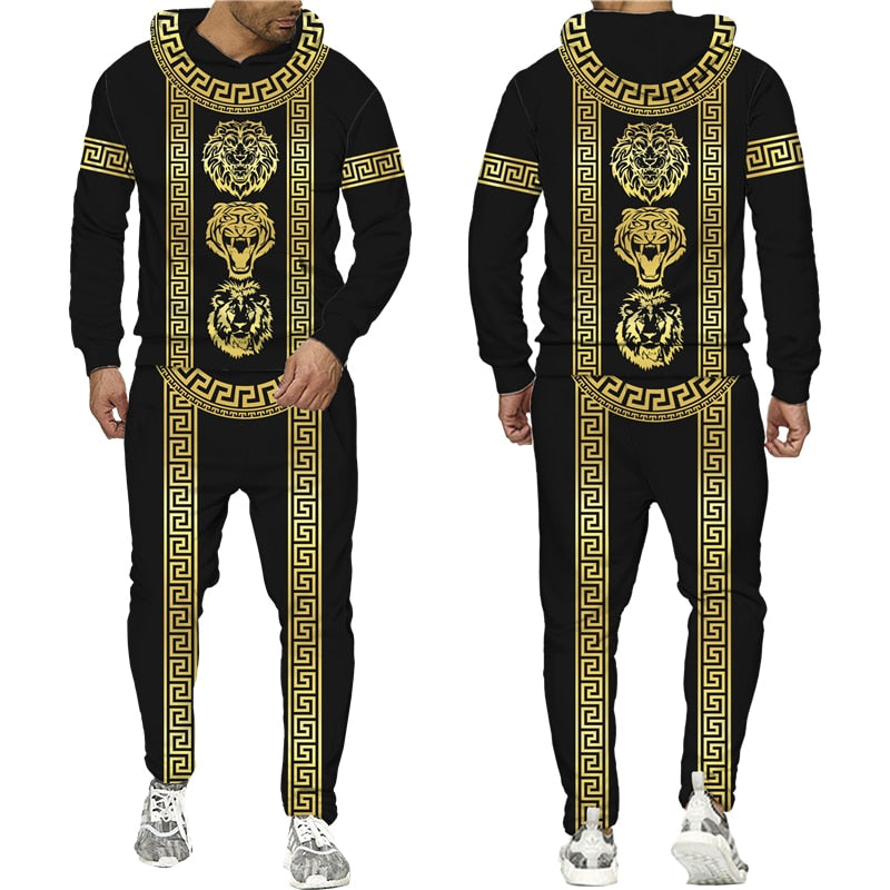 Golden Lion 3D Printed Hoodie/Pants/Suit Men's Casual Graphic Streetwear Pullover Sweatshirt Outfits Set Hip Hop Cool Tracksuits