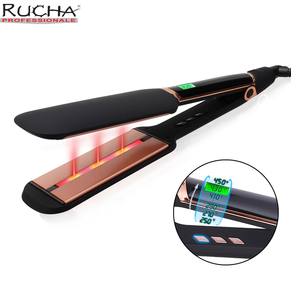 Infrared Hair Flat Iron Professional Ceramic Tourmaline 2 inch Wide Hair Straightener with LCD Display Adjustable Temperature