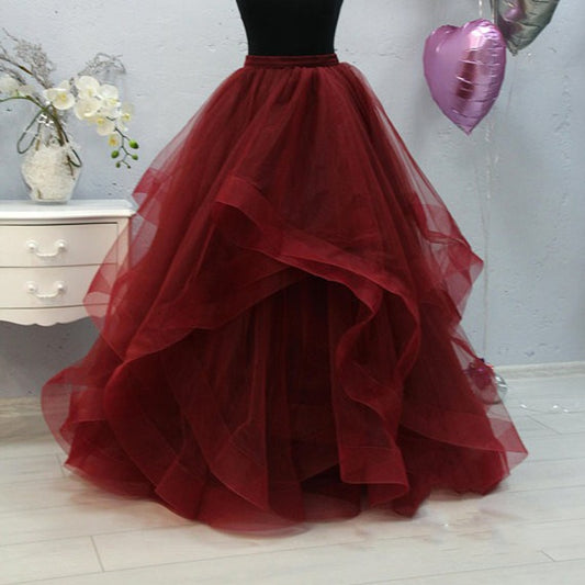 Formal Ruffles Puffy Long Wedding Tulle Skirts For Bridal Pretty Wine Red Women Tulle Skirt Photography Faldas Mujer Saias 2018