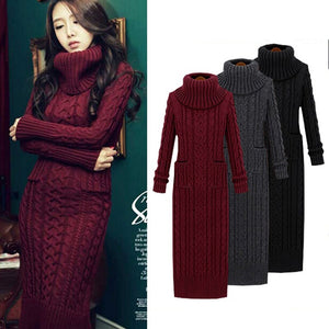 Women Winter Knit Dresses 2019 Europe Long Sleeve Turtleneck Casual Slim Warm Maxi Sweater Dress Plus Size Women's Clothing L-66