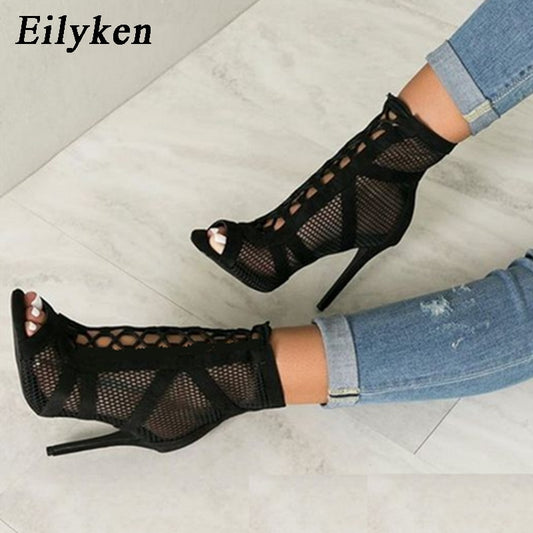 Eilyken New Fashion show Black Net Fabric Cross strap Sexy high heel Sandals Woman shoes Pumps Lace-up Peep Toe Sandals