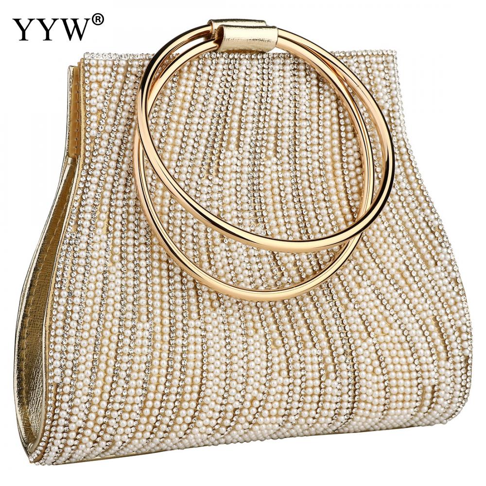 Round Handle Handbags Female Fashion Gold Mini Party Clutch Bags 2019 Chain Crossbody Bags Rhinestone Pearl Handbag Ladies Sac