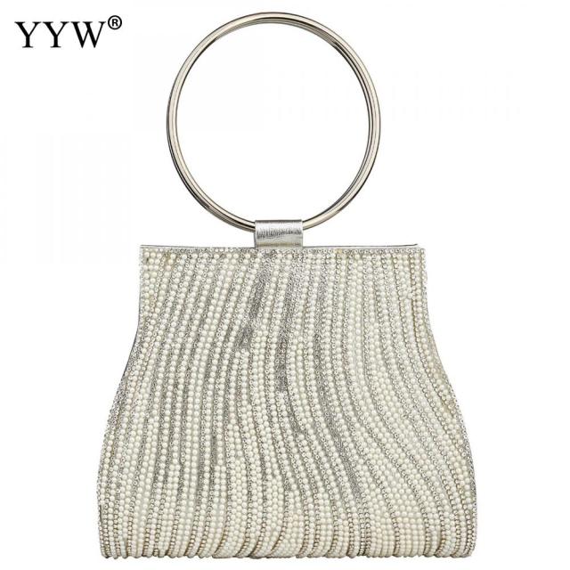 Round Handle Handbags Female Fashion Gold Mini Party Clutch Bags 2019 Chain Crossbody Bags Rhinestone Pearl Handbag Ladies Sac