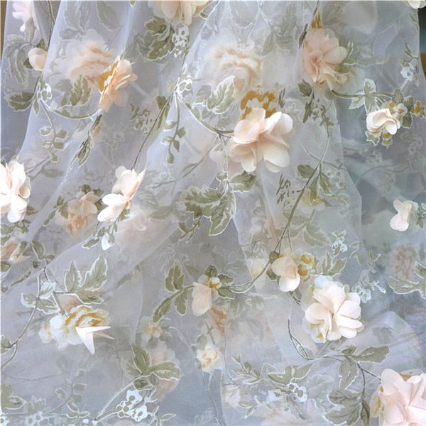 1Yard 3D Flowers Organza Lace Fabric Chiffon Rosette Appliques for Bridal Gown Prom Dress Laces