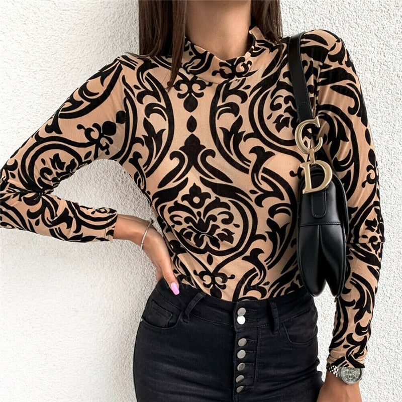 Leopard Floral  women Long sleeve High neck Club  Turtleneck Slim T-shirts