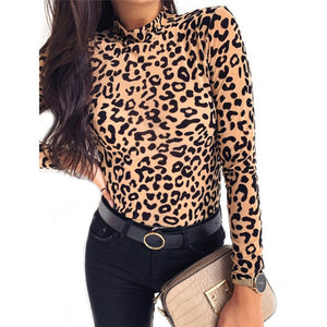Leopard Floral  women Long sleeve High neck Club  Turtleneck Slim T-shirts