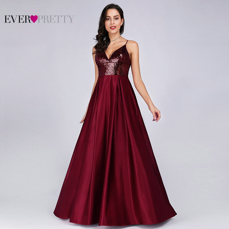 Prom Dresses Satin 2020 Ever Pretty EP07859 Sexy V-neck Sequined Backless Red Long Formal Party Gowns Cheap Prom Long Elegant